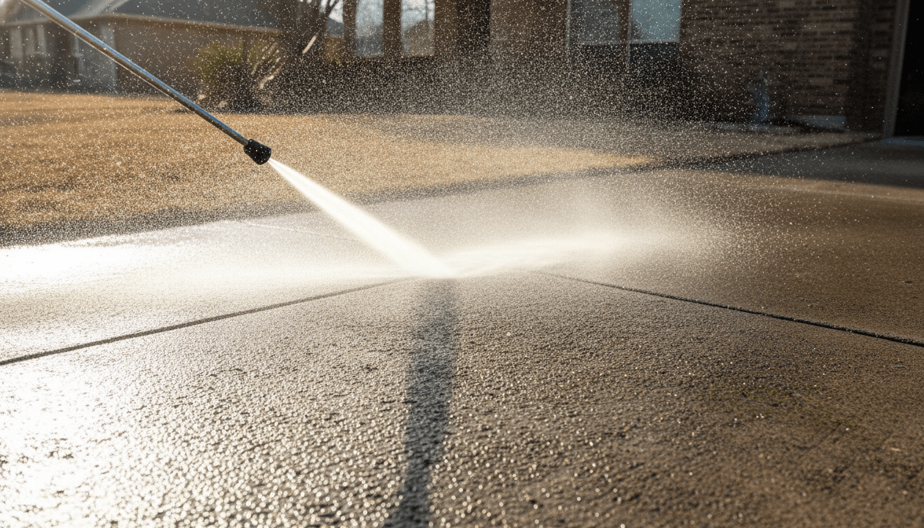 Powerful pressure washing cleaning a concrete surface